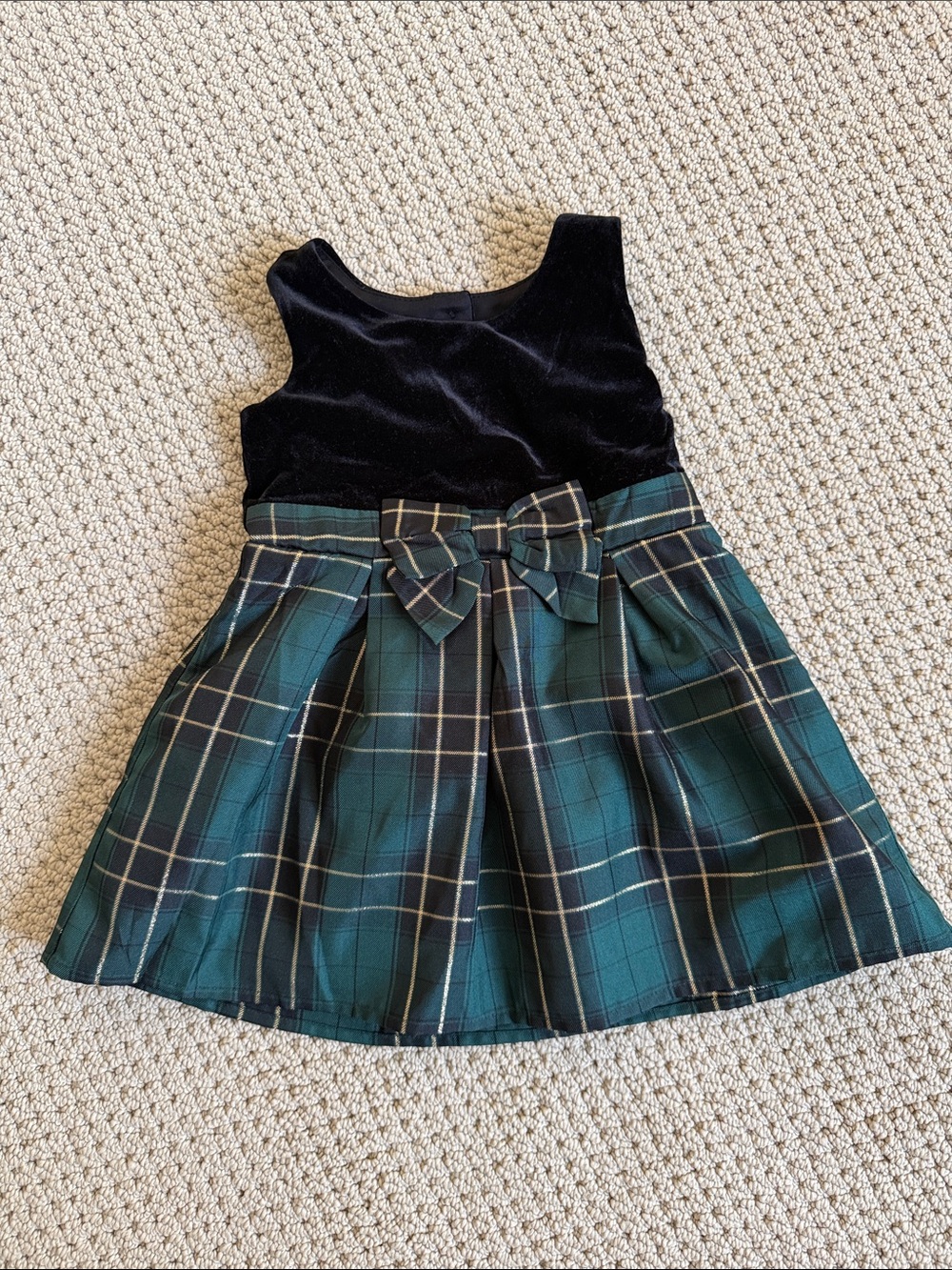 The Children's Place Black Velvet Top with Green Plaid Skirt and Bow